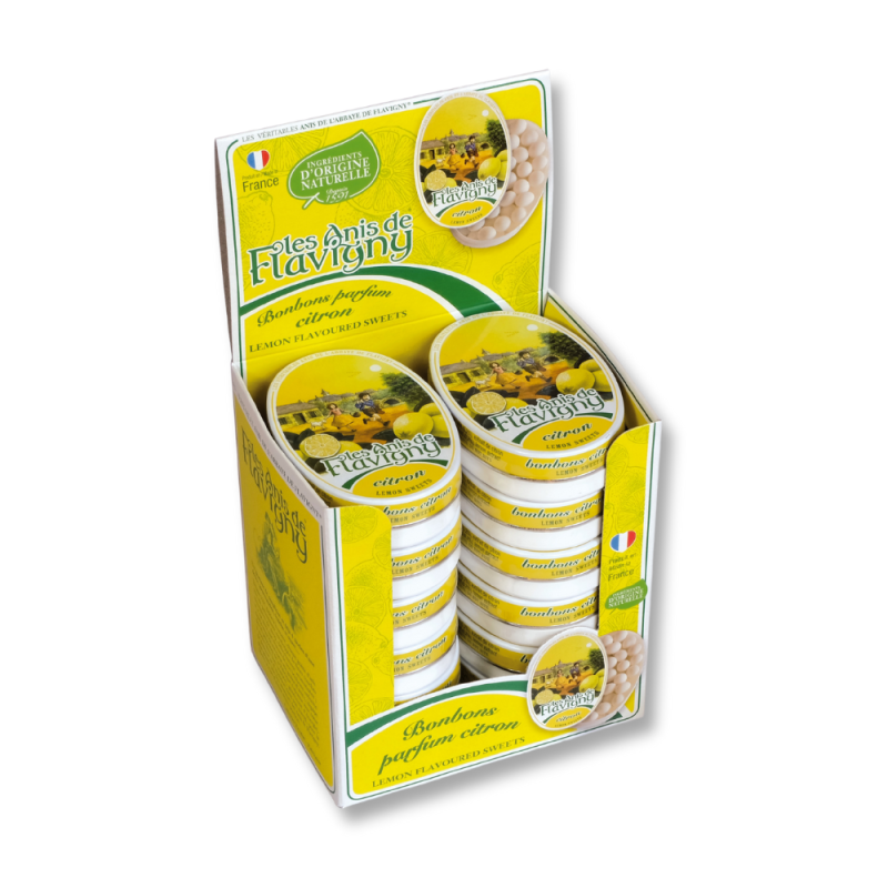 Présentoir carton des boite d'anis de flavigny qui sont des graine d'anis verte enrobée