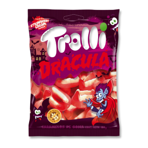 Sachet violet et rouge de dentier trolli qui sont des bonbons gélifiés en forme de dentier
