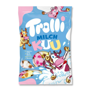 Sachet bleu et rose de vache marguerite trolli qui sont des bonbon en gélatine en forme de vache