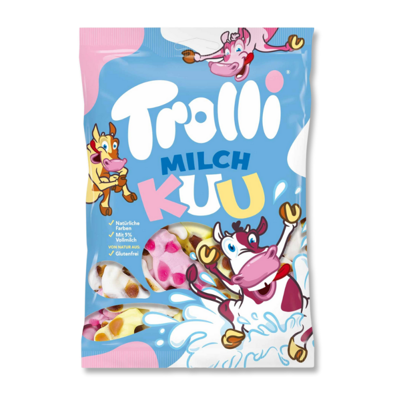 Sachet bleu et rose de vache marguerite trolli qui sont des bonbon en gélatine en forme de vache