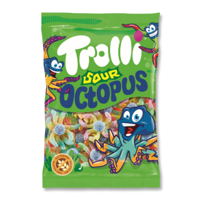 Sachet vert de joubini pouple acidulés qui sont des bonbon trolli en forme de poulpe multicolores