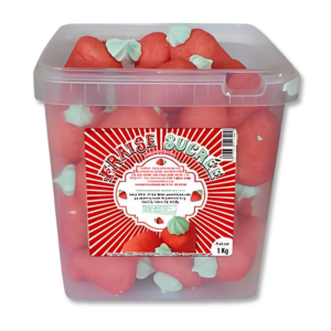 Boite tubo de fraises guimauves qui sont des guimauves rouge en forme de fraise
