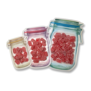 Sachet en forme de bocaux, refermable avec des bonbons au coquelicot rouge