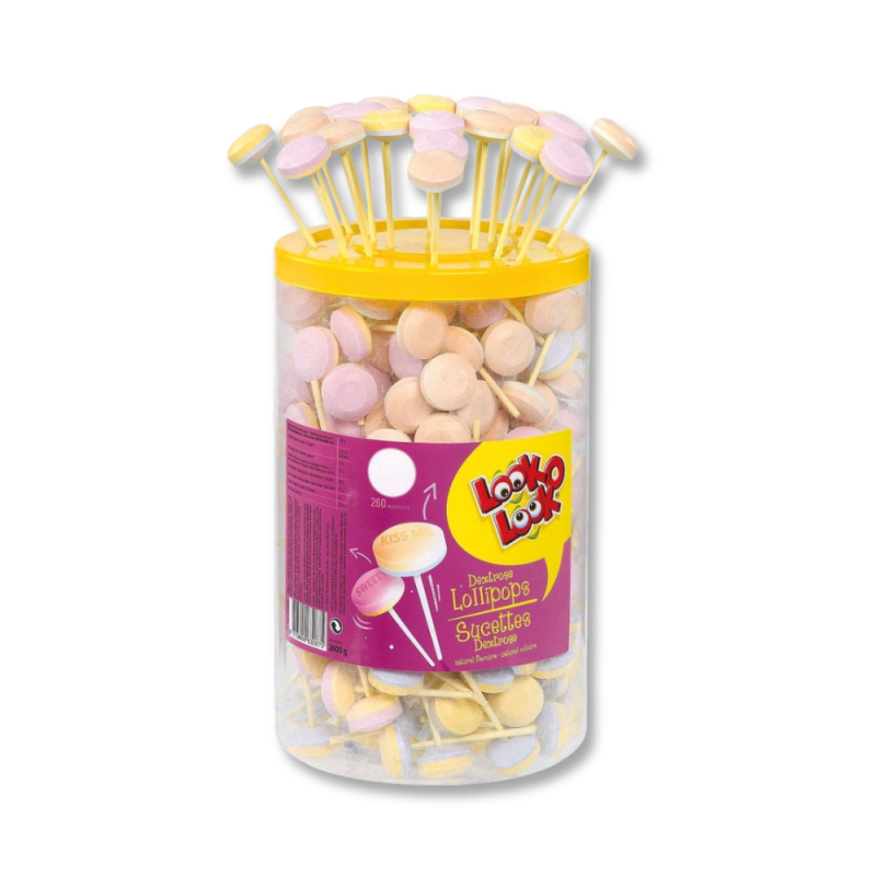 Boite tubo jaune et transparente de lollies junior sucette de couleurs pastel