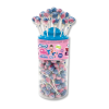 Tubo bleu et transparent de sucettes tâche langue au tutti frutti de couleur bleu et rouge