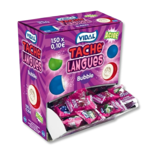 Carton présentoir violet de chewing gum tâche langue fourré acide