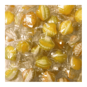 Vrac de cok poudre d'orange et de citron qui sont des bonbon en forme de coquillage avec une poudre effervescente