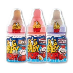 Big baby pop qui sont des sucettes en forme de biberons marrone et rouge, avec une poudre acidulés