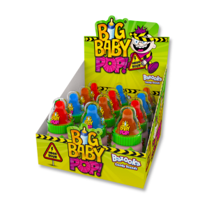 Carton présentoir de big baby pop acidulé qui sont des sucettes en forme de biberon au goût acide de la poudre