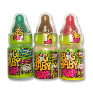 Big baby pop qui sont des sucettes verte, marron et rouge en forme de biberon au goût acide de la poudre