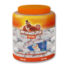 Boite tubo orange et transparente de mammouth tétine blanche qui sont des sucettes avec un chewing-gum à l'intérieur