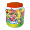 Boite tubo orange et transparente de mammouth magic tétine qui sont des sucettes multicolores avec un chewing-gum à l'intérieur
