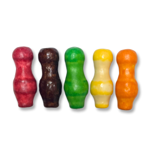 Sucettes tétine mammouth qui sont des sucettes rouge, marron, verte, orange et jaune avec une chewing-gum à l'intérieur