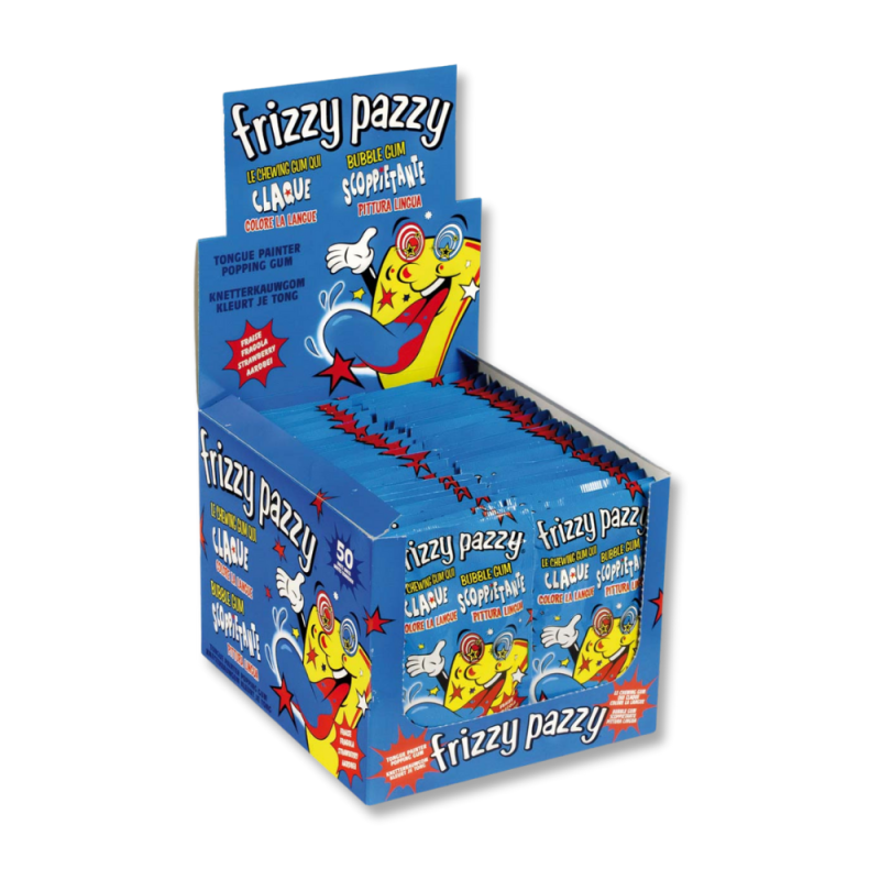 Carton présentoir de frizzy passy qui est une poudre qui claque tâche langue et au goût de fraise
