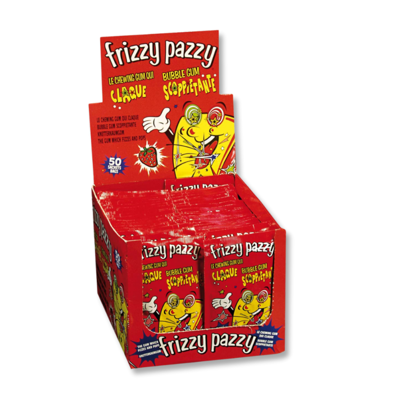 Carton présentoir de frizzy passy rouge à la fraise, qui est une poudre qui claque dans la bouche