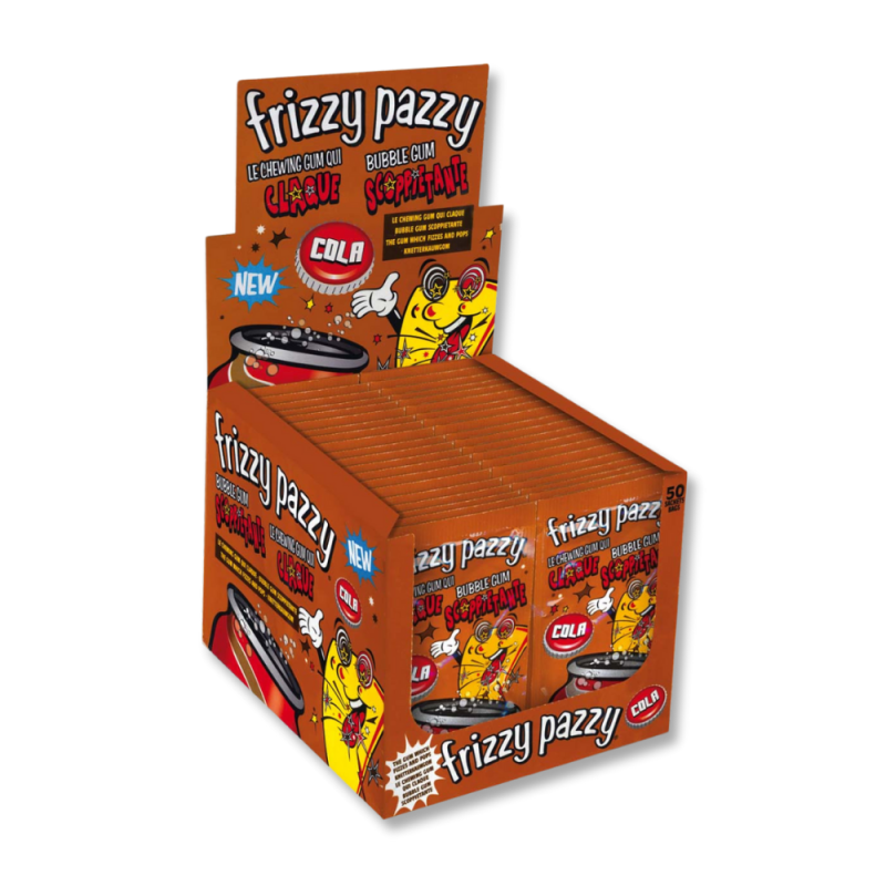 Carton présentoir de frizzy pazzy marron qui est une poudre qui claque et se transforme en chewing-gum au goût de cola