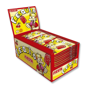 Carton présentoir de fresquito rouge qui est une sucette en forme de doigt à tremper dans une poudre à la cerise