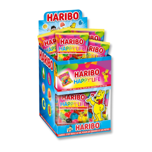 Carton présentoir de mini sachet de happy life crocos, dragibus, schtroumps, happy cola, tétines