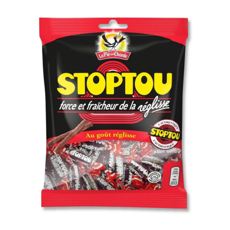 Sachet rouge, noir et jaune, qui sont des bonbon à la réglisse