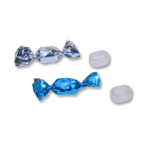 Mini bonbon d'accueil menthe bleu et argenté déballés