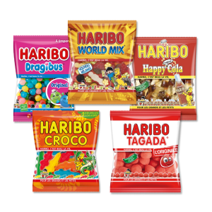 5 sachet haribo croco, tagada, happy cola, dragibus et world mix