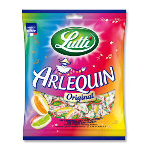Sachet de bonbons arlequins multicolores avec des bonbons emballés individuellements