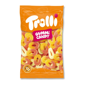 Sachet gros conditionnement de rondelles pêche trolli qui sont des bonbon orange à la pêche