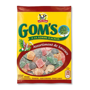 Sachets jaune et marrons de gom's qui sont des bonbon gomme d'acacia