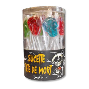 Boite de sucettes en forme de tête de mort de toutes les couleurs