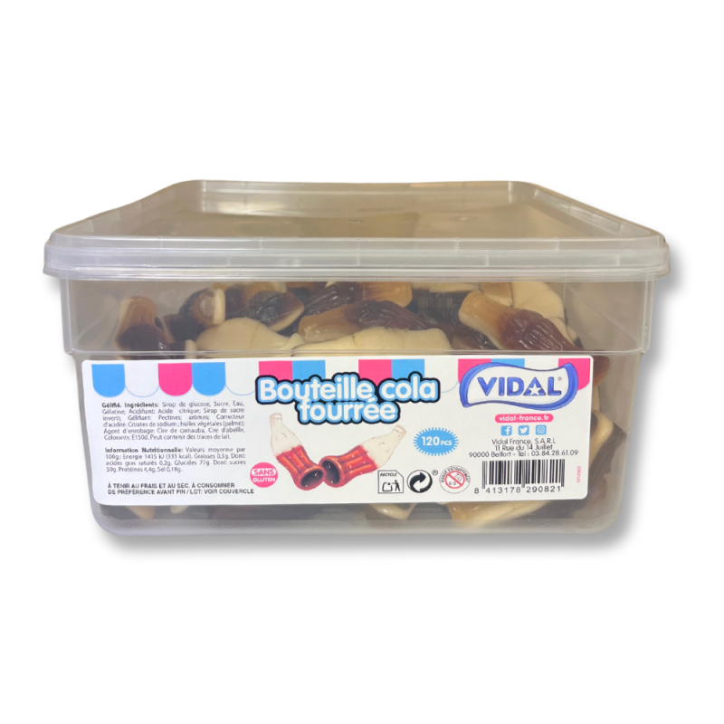 Boite tubo de grande bouteille de cola fourré qui sont des bonbon en forme et au gout de bouteille de cola