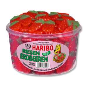 Boite de tubo de fraise gélifiés haribo, qui sont des bonbon rouge et vert en forme de fraise