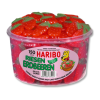 Boite de tubo de fraise gélifiés haribo, qui sont des bonbon rouge et vert en forme de fraise