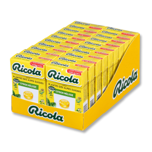 Carton de gros conditionnement de ricola citron et mélisse de couleur jaune