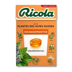 Boite orange de ricola aux gout orange et menthe
