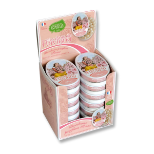 Carton gros conditionnement de boites roses et blanches d'anis de flavigny à la rose