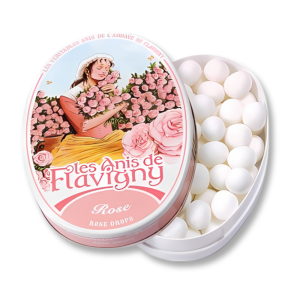 Boite en fer d'anis de flavigny à la rose de couleurs rose et blanche