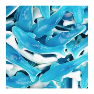 Vrac de bonbon requins trolli qui sont des bonbon gélifiés en forme de requins de couleurs bleu et blanc