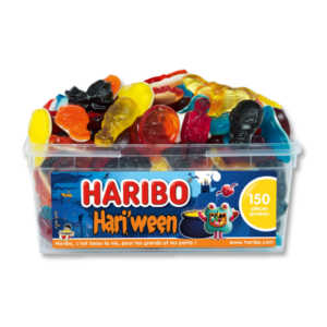 Boite tubo de hariween Haribo qui sont des bonbon gélatineux halloween