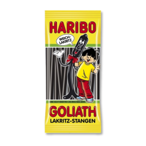 Sachet jaune de réglisse goliath Haribo qui sont des bâton de réglisse souple