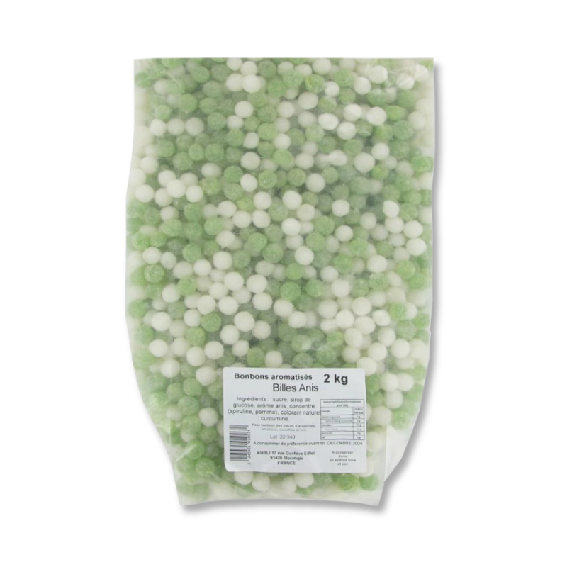 Sachet transparent gros conditionnement de billes anis kubli verte et blanche