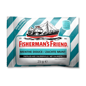 Sachet individuel bleu et blanc de fisherman's friends à la menthe douce
