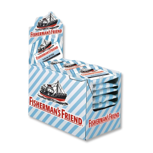 Présentoir carton de fisherman's friend à la menthe eucalytpus sans sucres