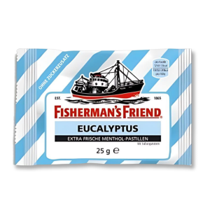 Sachet bleu et blanc de fisherman's friend à la menthe et eucalyptus sans sucre