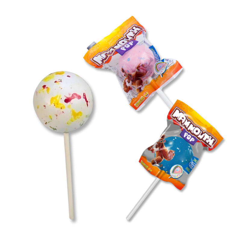 Sucette mammouth pop qui est une sucette avec 5 gouts successifs et une bille de bubble gum au centre