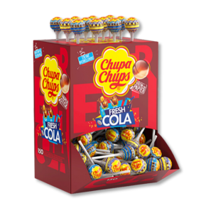 Boite présentoir carton de chupa chups fresh cola qui sont des sucettes au gout de cola