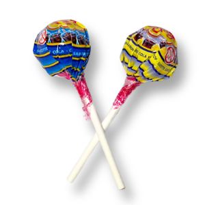 Sucettes chupa chups fresh cola qui sont des sucettes de couleurs bleu et jaune au gout de cola
