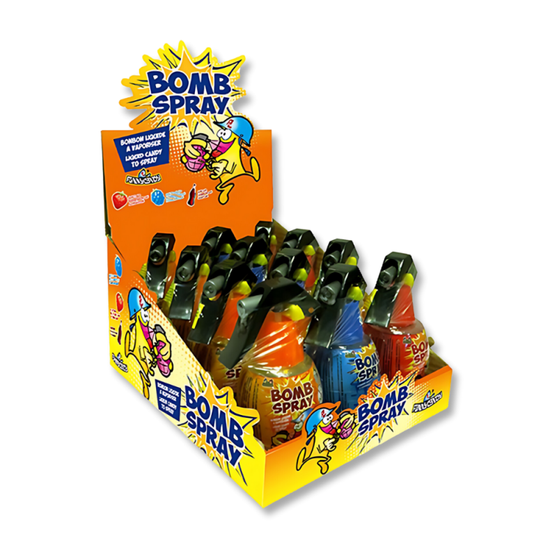 Présentoir carton de bomb spray qui sont des bonbon liquide à vaporiser sur la langue