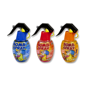 bomb spray qui sont des bonbons à vaporiser sur la langue de couleur bleu rouge et orange