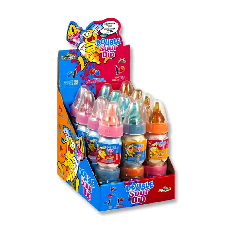 Carton présentoir double sour dip qui sont des biberons avec deux tétines de 2 parfums