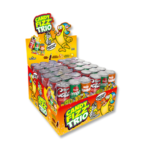 Présentoir carton de candy fizz trio qui sont des minis canettes de bonbons pétillants